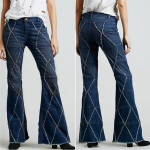 Rare Free People Patchwork Blue Flare Jeans